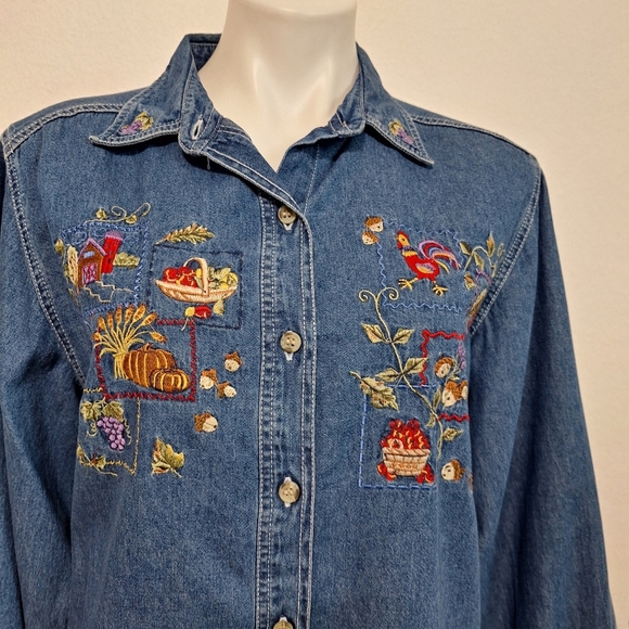 Bobbie Brooks Vintage Chambray Embroidered Western Button Down Shirt Size M - Picture 2 of 14